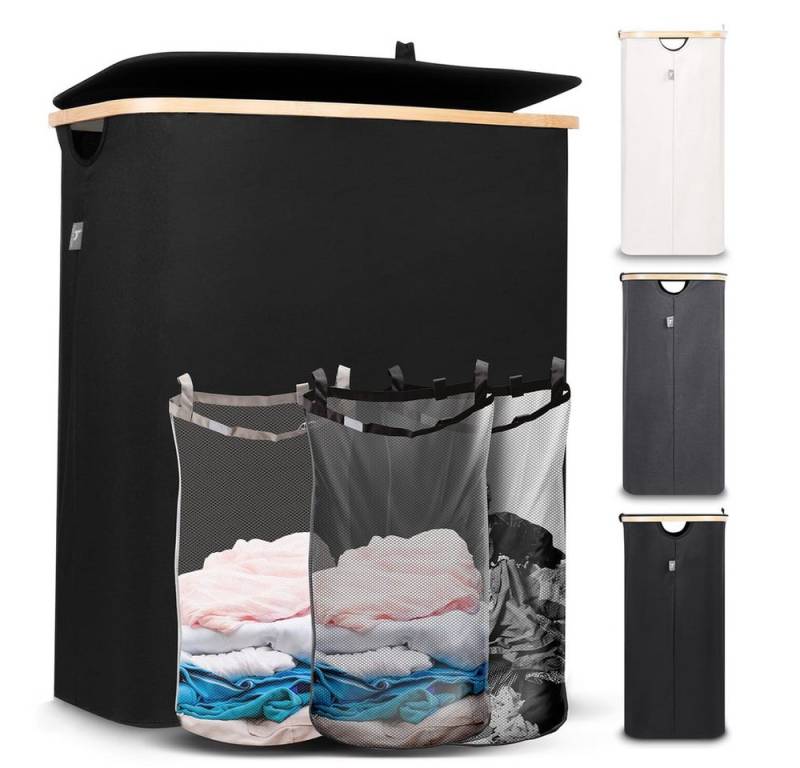 HENNEZ Wäschekorb Wäschebox 150L - Wäschekorb 3 Fächer mit Deckel, Wäschesortierer mit Wäschesack, schwarz Bambus von HENNEZ