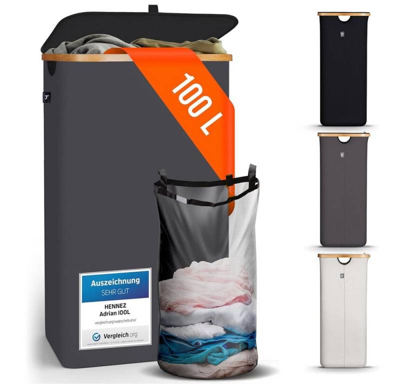 HENNEZ Wäschekorb mit Griff aus Bambus, 100 l – Wäschekorb mit Deckel, Dunkelgrau HENNEZ Wäschekorb mit Griff aus Bambus, 100 l – Wäschekorb mit Deckel, Dunkelgrau von HENNEZ