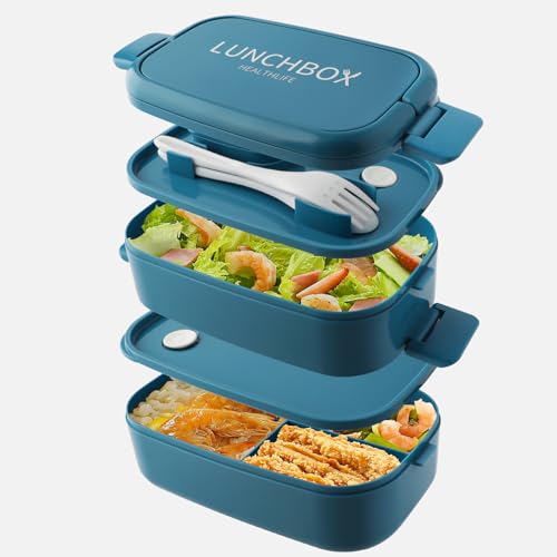 HENSHOW Bento Box Brotdose mit Fächern, 1500ml Auslaufsicher Lunch Box Brotzeitdose aus Kunststoff BPA Frei mit Besteck Erwachsene Brotdosen für Schule Arbeit Picknick Reisen (Grün) (blue) von HENSHOW