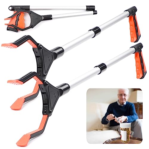 HENSHOW Greifzange für Senioren 2Pcs - Müllzange Greifzange Faltbare mit 360°Drehbarer Kopf - Greifer für Senioren mit Ergonomischer Griff für die Müllabfuhr, Armverlängerung Reacher 32inch[Orange] von HENSHOW