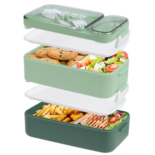 HENSHOW Lunch Box Erwachsene Bento Box - 1600ml Stapelbare Lunch Box Behälter für Erwachsene Große Bento Box mit Gabel Löffel Soßenboxen, Auslaufsichere Lunchbox für Arbeit Schule Essen, Morandi-Grün von HENSHOW