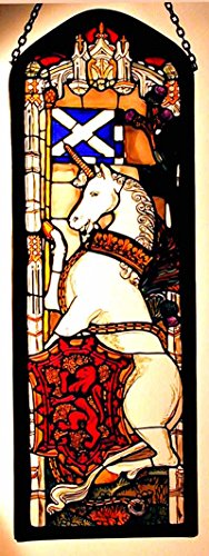 Dekoratives, handbedrucktes Buntglasfenster, rechteckig, im Edinburgh Einhorn-Design. von Winged Heart