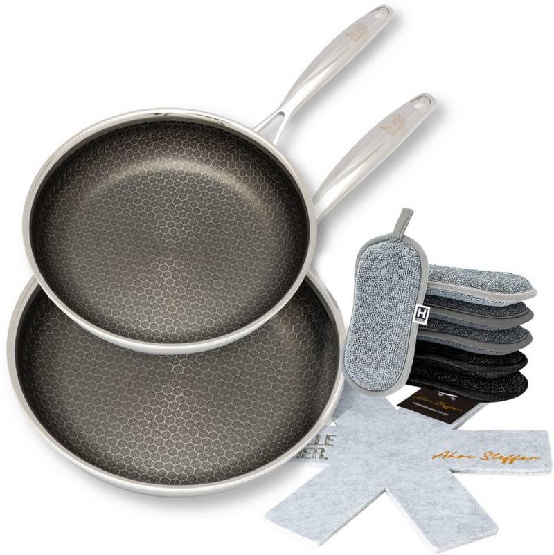 HENSSLERS Pfannen-Set HENSSLERS Kochbox Deluxe, Edelstahl (Set, 10-tlg., Pfanne 24 + 28 cm, Mikrofaser-Schwamm-Set 6 tlg., 2x Pfannen-Schoner), Exklusives Set für OTTO von HENSSLERS