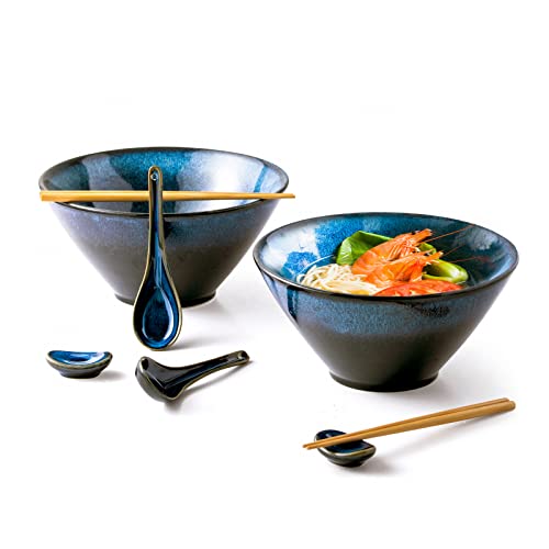 HENXFEN LEAD Japanische Ramen Schüssel Set aus Keramik, 2L Große Suppenschalen Ramen Bowl Set mit 2X Schüssel, Essstäbchen, Keramiklöffel, Essstäbchenablage, Gradient Grün von HENXFEN LEAD