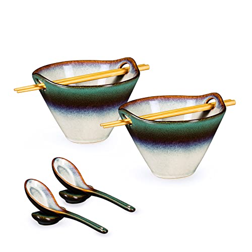 HENXFEN LEAD Japanischer Ramen Schüssel Set aus Keramik, 2 Stück 600ml Ramen Bowl Set Suppenschalen Mit Essstäbchen, Löffel und Löffelruhe, Gradient Grün von HENXFEN LEAD