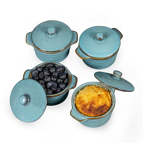 HENXFEN LEAD Mini Cocottes aus Steinzeug, 230ml Auflaufförmchen Souffle Förmchen mit Deckel, 4er-Set Kleine Auflaufform Creme Brulee Schälchen, Reactive Blue von HENXFEN LEAD