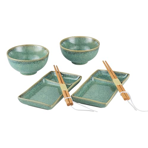 HENXFEN LEAD Sushi Geschirr Set, Sushi Set Japanischer Geschirr für Miso Suppe Maki Sushi Reis mit 2X Sushi Teller, Schalen, Paar Stäbchen, Glänzend Grün von HENXFEN LEAD