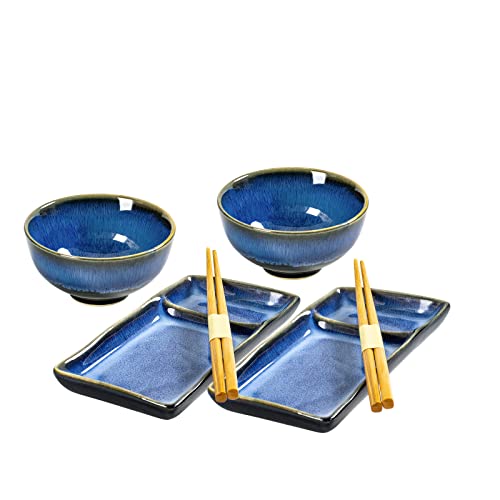 HENXFEN LEAD Sushi Geschirr Set, Sushi Set Japanischer Geschirr für Miso Suppe Maki Sushi Reis mit 2X Sushi Teller, Schalen, Paar Stäbchen, Marineblau von HENXFEN LEAD