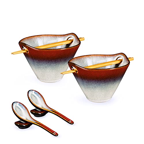 HENXFEN LEAD Japanischer Ramen Schüssel Set aus Keramik, 2 Stück 600ml Ramen Bowl Set Suppenschalen Mit Essstäbchen, Löffel und Löffelruhe, Gradient Rot von HENXFEN LEAD