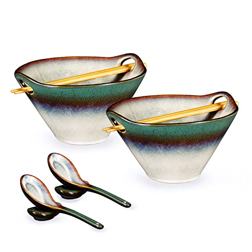 HENXFEN LEAD Ramen Schüssel Set aus Keramik, 2 Stück 780ml Japanisches Ramen Bowl Set Suppenschüssel Mit Essstäbchen, Löffel und Löffelruhe, Gradient Grün von HENXFEN LEAD