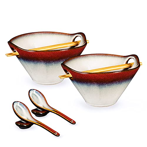 HENXFEN LEAD Ramen Schüssel Set aus Keramik, 2 Stück 780ml Japanisches Ramen Bowl Set Suppenschüssel Mit Essstäbchen, Löffel und Löffelruhe, Gradient Rot von HENXFEN LEAD