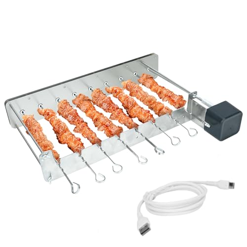 HENYEER Edelstahl Grillspieß Set, Elektrischer Spiessdreher, Drehspieß Grill, Drehspiess Aufsatz mit 10 Spießdreher aus Edelstahl, 360° Automatisch Drehbarer Grillrost mit Motor und USB,2 Lademethoden von HENYEER
