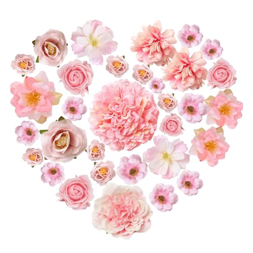 HEOUCH 24 Stück Kunstblumen Köpfe, Seidenblumen Künstliche Blumenköpfe, Kunstblumen Basteln Deko, Rosen Kunstblumen Gefälschte, Rosenköpfe Kunstrose für Hochzeit Home Basteln Scrapbooking Deko (Rosa) von HEOUCH