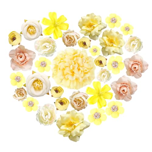 HEOUCH 24 Stück Kunstblumen Köpfe, Seidenblumen Künstliche Blumenköpfe, Kunstblumen Basteln Deko, Rosen Kunstblumen Gefälschte, Rosenköpfe Kunstrose für Hochzeit Home Basteln Scrapbooking Deko (Gelbe) von HEOUCH