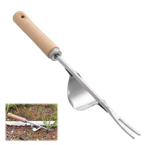 HEOUCH Unkrautgabel, Manueller Unkrautstecher Edelstahl, Werkzeuge zum Unkrautziehen mit Holzgriff, V-Förmige Design, Manueller Weeder zum Graben, Jäten, Lösen, Geschenk für Gärtner Gärtnerinnen von HEOUCH