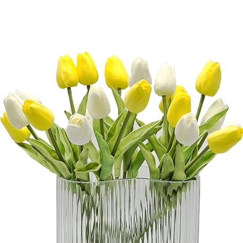 HEPENG EasyLife 32cm, 20 Stück und 2 Farben pro Set, weiß und gelb, künstliche Blumen Tulpe, Dekoration für Hochzeitsdekoration im Innen- und Außenbereich, Küche, Büro, Café, Wohnkultur von HEPENG