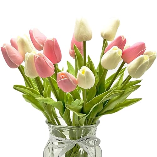 HEPENG EasyLife 32cm, 20 Stück und 2 Farben pro Set, weiß und rosa, künstliche Blumen Tulpe, Dekoration für Hochzeitsdekoration im Innen- und Außenbereich, Küche, Büro, Café, Wohnkultur von HEPENG