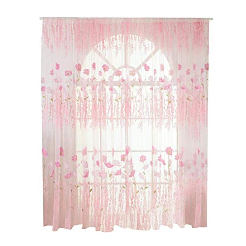 HERCHR Transparenter Voile-Vorhang, 100 x 200 cm, Vorhang aus transparentem Voile, Vorhänge, Vorhang, Blumendruck, Rosa, Dekovorhang, Schlafzimmer, Mädchen von HERCHR