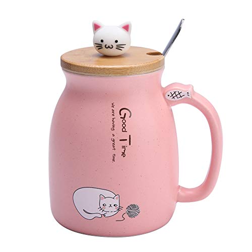 420 Ml Katzen Tasse Geschenk Tasse mit Edelstahl Löffel und Holzdeckel Kaffee Wasser Milch Becher (Rosa) von HERCHR