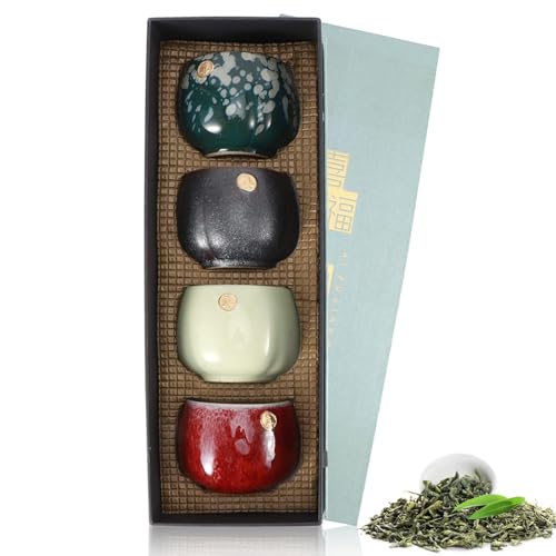HERCHR 4-teiliger Satz Keramikbecher, Japanische Teetasse-Geschenk-Set，Keramik-Teetassenset, Retro-Tee-Becher in Der Chinesischen/japanischen Kung-Fu-Teehitze-Sake-Becher, Sake Cups Teetassen von HERCHR
