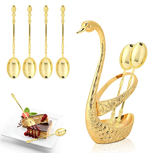 6-teilige Kaffeelöffel, Edelstahl-Teelöffel mit Schwanenform-Löffelhalter für Dessert Kuchen Eis 13cm(Gold) von HERCHR