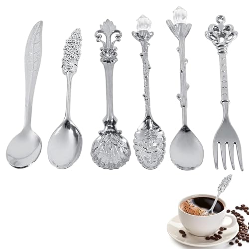 6-teiliges Kaffeelöffel-Set, geschnitzter Vintage-Kaffeelöffel und Dessertgabel-Set, Dessertlöffel, Teelöffel, Obstlöffel, Eislöffel, Mini-Servierlöffel für Zucker, Kuchen, Suppe (Silber) von HERCHR