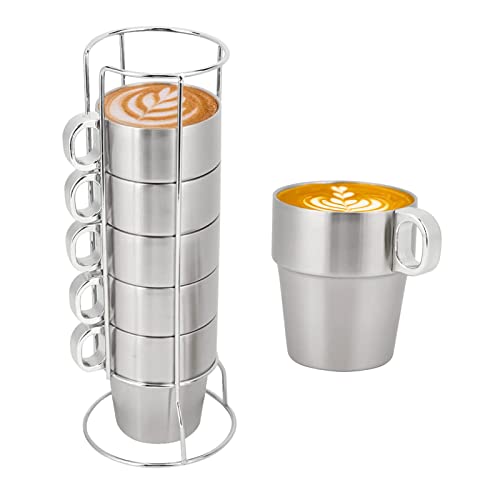 6er Set Edelstahl Kaffeetassen stapelbar, Edelstahl Teetassen mit Griff Metall Bierbecher Trinkbecher für Erwachsene oder Kinder von HERCHR