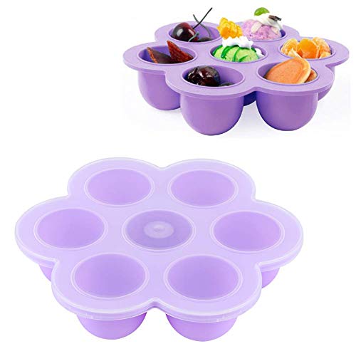 7 Hohlräume Eiswürfelform Tablett Silikon Babynahrung Gefrierfach mit Clip-on Deckel(Lila) von HERCHR