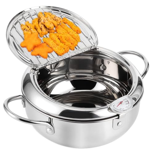 Fritteuse Topf, Japanischer Frittiertopf, Japanische Tempura Fritteuse Topf Mit Thermometer, Kleiner Edelstahl-Topf Mit Thermometer, Deckel Und Abtropfgestell Für Pommes Frites, Garnelen von HERCHR