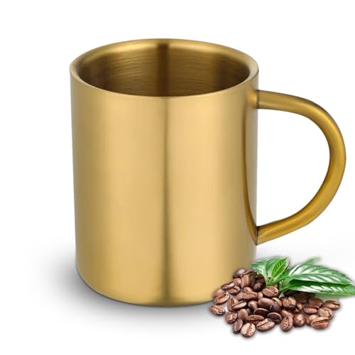 Edelstahlbecher Doppelwandige Kaffeebecher Edelstahl Bierkrug Tee Tasse Camping Tasse 400ml mit Griff für Reisen(Gold) von HERCHR