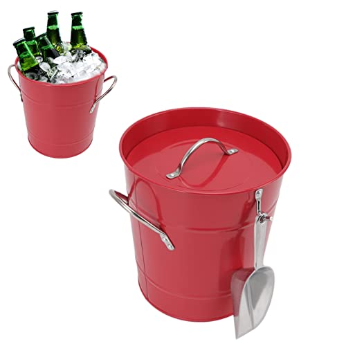 Eiseimer mit Deckel, rund verzinktes Blech Plastik Bierkühler Getränk Badewanne mit Eisschaufel und Traggrenzen für Bar nach Hause (Rot) von HERCHR
