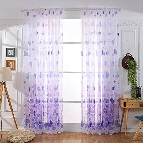 HERCHR 1 Stück Lila Voile Farbverlauf Gardine Transparenter Vorhang Mit Kräuselband Blumen Druck, Transparente Voile Vorhänge Gardine Schal Dekoschal Für Schlafzimmer Wohnzimmer von HERCHR