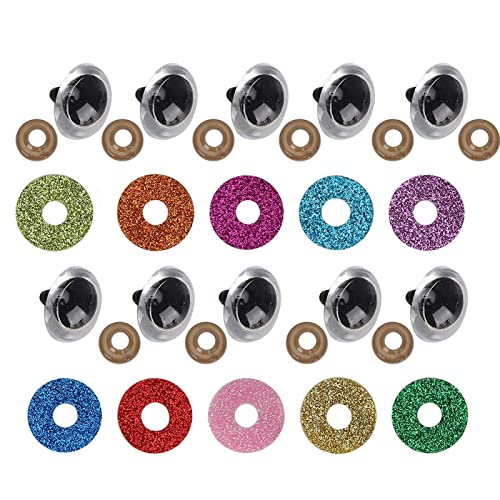 HERCHR 100 Stück Sicherheitsaugen 18mm, Augen für Häkeltiere, Glitzer Kunststoffaugen Puppenaugen mit 100 Glitzer und Unterlegscheibe für DIY Nähen Spielzeug, Häkelspielzeug, Kuscheltiere von HERCHR