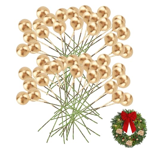 HERCHR 100 Stück künstliche Stechpalmen und goldene Stechpalmenbeeren,Dekorative Weihnachtsstechpalmenbeeren Goldene Weihnachtsbeere Faux Flower Berry, Do-It-Yourself Crafts von HERCHR