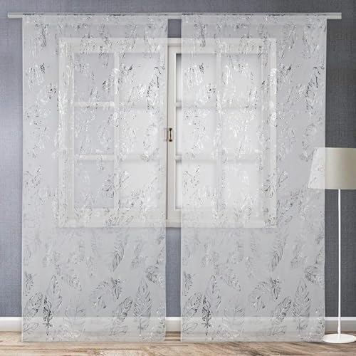 HERCHR 1 Stück Gardinen Vorhänge Halbtransparente Voile, Voile Vorhänge Halbtransparent Vorhang, Gardinen Leinenoptik Transparent Ösenvorhang Vorhangschals Mit Blätter Stickerei 100X200cm (Silber) von HERCHR