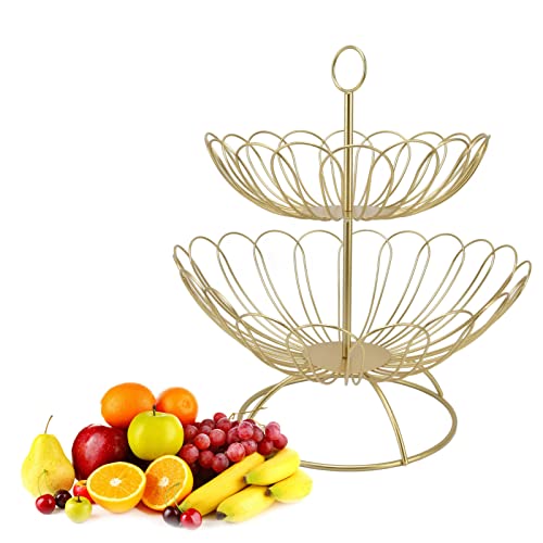 HERCHR 2 -Tier Obstkorb, 32 x 32 cm/12,6x12,6in moderner Obstschale Nordisches Design Geometrischer abnehmbarer Goldgemüse Lagerhalter für die Heimdekoration von HERCHR