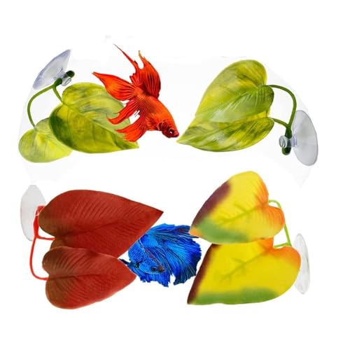 Betta Fish Leaf Pad, 4 Stück 4,7x3,2cm/5,8x4,6cm Beta Leaf Bed Fish Ruheblatt Betta Hängematte Kampffische Ruheplatz Aquarium Landschaft Dekoration Simulation Kunststoff Pflanze Blatt Mit Saugnapf von HERCHR