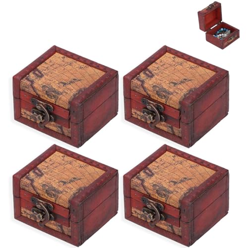 HERCHR 4PCS Schatztruhe Kleine Mit Schloss, Schatztruhe Aus Holz, Schatztruhe Klein Holztruhe, Mini Schatztruhe Holztruhe Mit Deckel Und Schloss Schatztruhe Holz Piratenkiste Piratentruhe 8x7.5x6cm von HERCHR