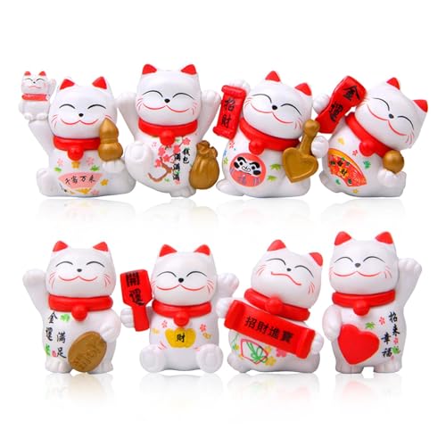 HERCHR 8 Stück Mini Maneki Neko Glückskatzenfiguren, japanische Glückskatzenfiguren Winkende Glücksdekor-Ornamente für Zuhause, Auto, Büro(Weiß) von HERCHR