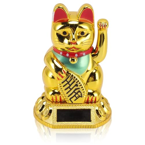 HERCHR Glückliche Glückskatze, Winkende Katze, Solarbetriebene Süße Winkende Katze, Viel Glück, Chinesische Glückskatze, Dekoration, Winkender Arm, Statue, Figur Für Zuhause, Auto, Ornament(Gold) von HERCHR