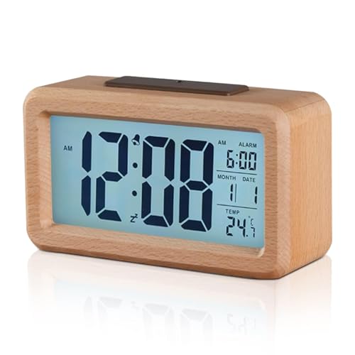 HERCHR Wecker Digital Aus Holz Mit Großem LCD-Display, Datum, Temperatur, Automatischem Lichtsensor, Wecker Ohne Ticken, Digital Uhr Mit Snooze Moduls von HERCHR