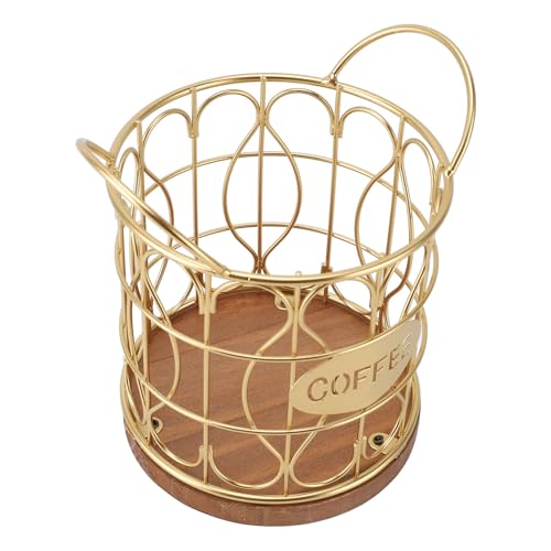 Kaffee-Pod-Halter, Draht-Metall-Arbeits platte Kaffee-Pod-Korb runde dekorative Teebeutel Zucker-Kapsel-Halter mit Holzboden für Cafe Küche Bar Organizer (Gold) von HERCHR