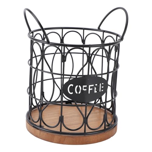 Kaffee-Pod-Halter, Draht-Metall-Arbeits platte Kaffee-Pod-Korb runde dekorative Teebeutel Zucker-Kapsel-Halter mit Holzboden für Cafe Küche Bar Organizer (Schwarz) von HERCHR