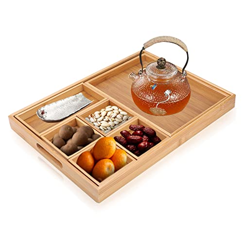 Kombiniertes Holz Servierteller, 6 in 1 Snack Teller Zusammenbaubare Organizer Tablett Geteilte quadratische Teller für Tee, Trockenfrüchte, Snack von HERCHR