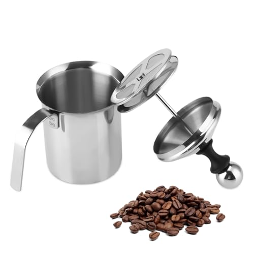 800ml Milchaufschäumer Manuell Edelstahl Double Mesh, Milchaufschäumer Stab Edelstahl Milk Frother Milchaufschäumer Mit Speziellem Drückmechanismus Für Milch Cappuccino, Kaffee, Latte von HERCHR