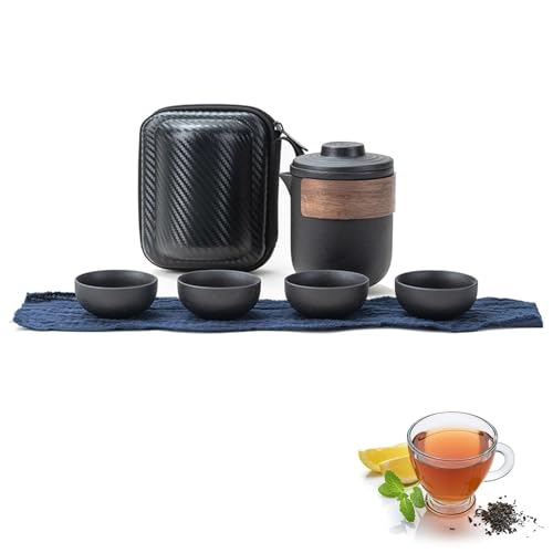 Mini Reise Keramik Teekannen Set, Chinesische Kung-Fu Teekanne, Tragbares Anti-Brand Reiseteeset mit Tee-Ei, Teetassen Reise Teeset mit Tragbare Tasche für Outdoor Picknick Reisen Geschenk von HERCHR