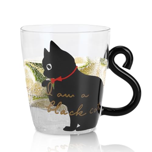 Nette Katze Kaffeetasse, Glas Kaffeetasse Espressotasse Kätzchen Teetasse Milch Tasse mit Schwanzgriff für Katzenliebhaber, 300ml(Schwarz) von HERCHR