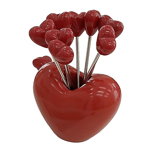 Obstgabel -Set, 5pcs niedliche Form Mehrzweck Edelstahl Herz Erdbeerfutter Pick -Gabeln mit Halterglas für Obstdessert Salat Snack (Herz) von HERCHR