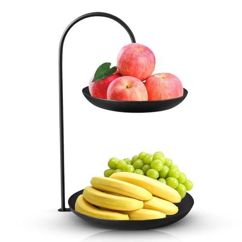 HERCHR Obstschale, 2-stöckiger Obstkorb aus Eisen, Servierständer, Servierschüssel Mit Metallgestell, Obst-Serviertablett, Mehrstufige Aufbewahrungsplatte Für Kaffeetisch-Partys(Schwarz) von HERCHR