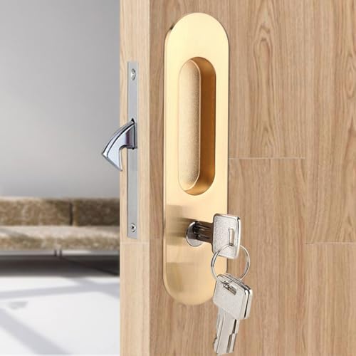 Privacy Pocket Docket Lock Hardware mit Schlüssel, unsichtbarer Schiebe schloss griff Anti-Diebstahl-Verriegelung für 1,4-1,8 Zoll Holz Tasche Scheune Möbel Tür Dicke (GOLDEN) von HERCHR